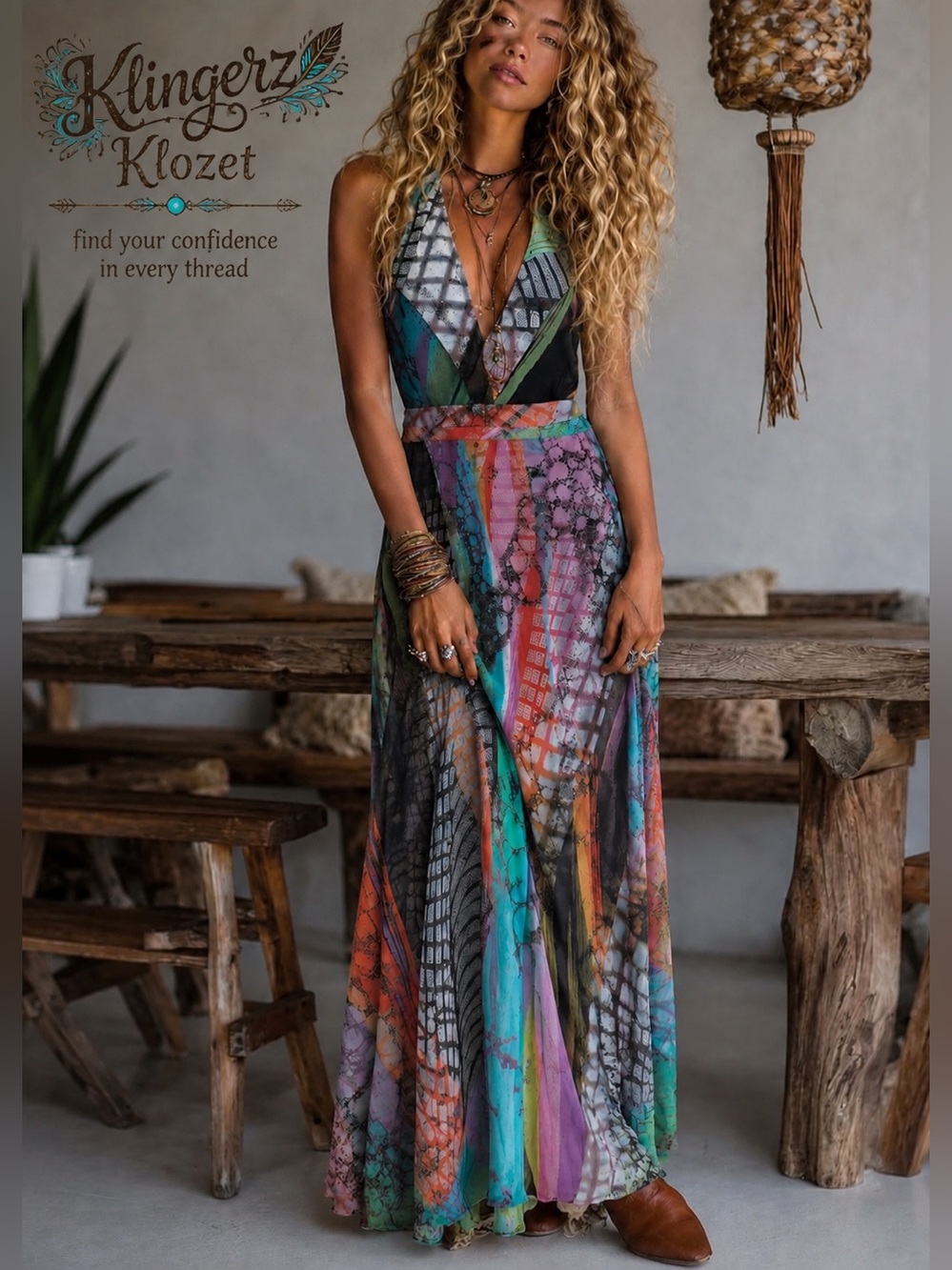 Violet Ruby Abstract Print Halter Maxi Dress | Open Back | Boho Resort | Size M
